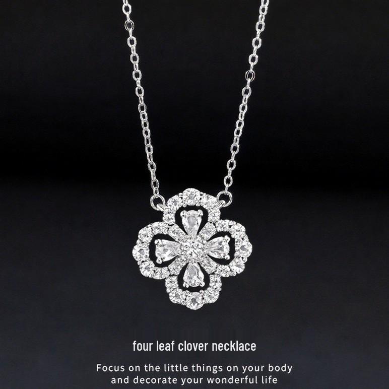925 Sterling Silver Four-Leaf Clover Diamond Necklace - Women's Luxury Fashion
