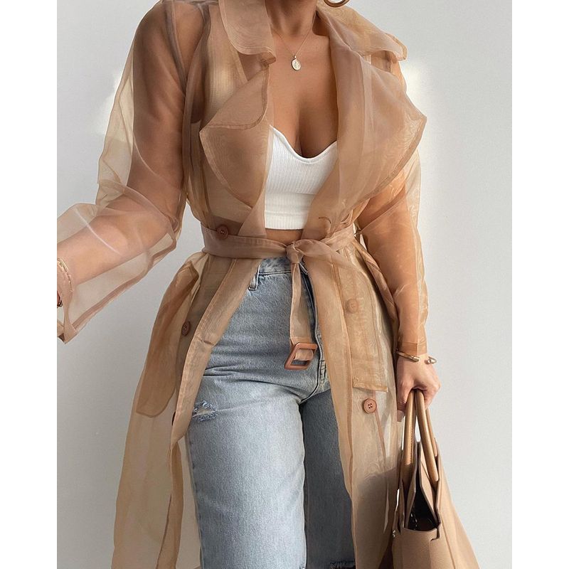 Women Casual Long Sleeve Coat Women Fashion Pure Color Perspective Outwear-with Belt