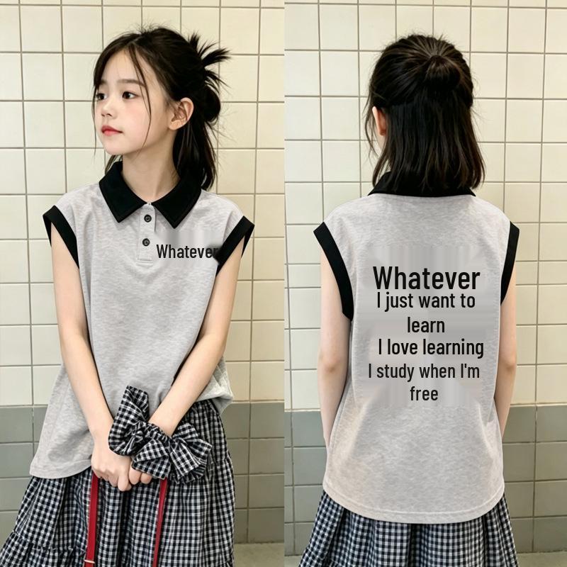 Girls' Trendy Patchwork Sleeveless Cotton Polo Top