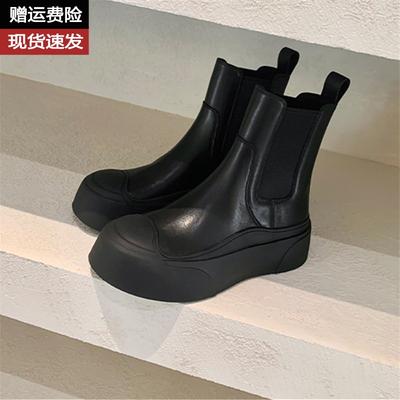 Soft Cowhide~ Leather Thick-soled Chelsea Short Boots for Women's Autumn and Winter New One-pedal Cigarette Holder Martin Boots Skinny Boots