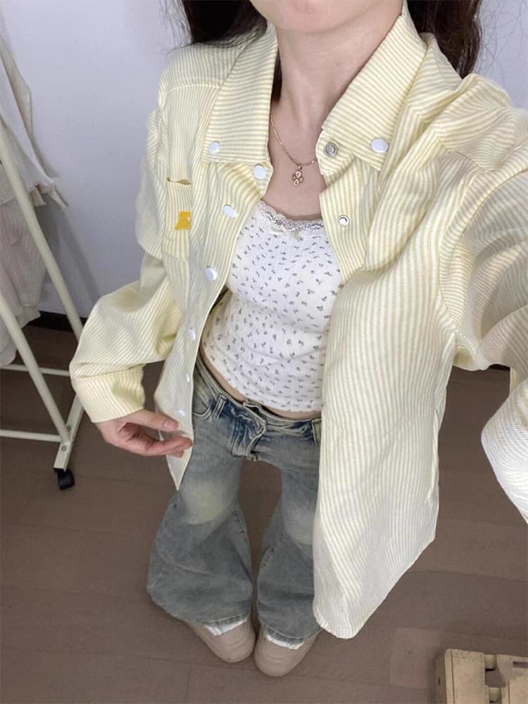 

2024 Autumn Hong Kong Retro Striped Yellow Embroidered Long Sleeve Loose Shirt M