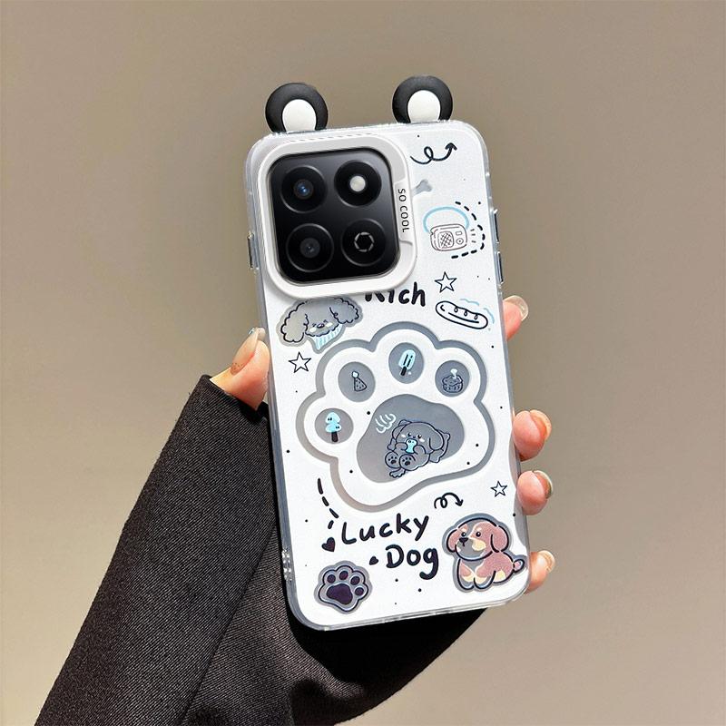 KEYSION Cute Ear Cartoon Case for HONOR X7c with Lanyard Soft Silicone+PC Shockproof Phone Cover for Huawei Honor 200 Smart 5G
