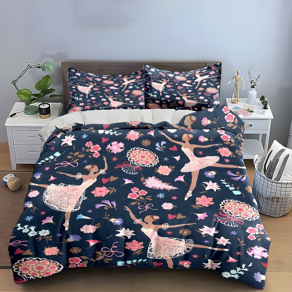 Ballet Dancers Floral Pattern Bedding Duvet Cover Set  (1*Duvet Cover 2*Pillowcases, without duvet insert)
