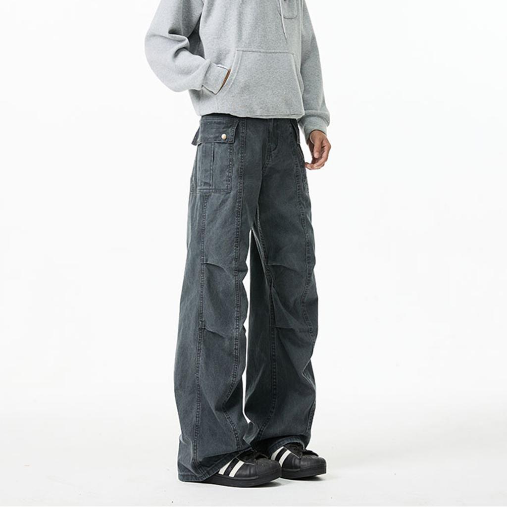 Pleated design overalls men's and women's spring and autumn retro old trendy brand multi-pocket casual straight trousers