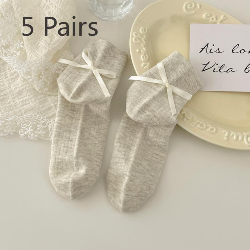 5 Pairs of Female Spring and Summer Small Fashion Design Sweet Lovely Ribbon Bow Socks