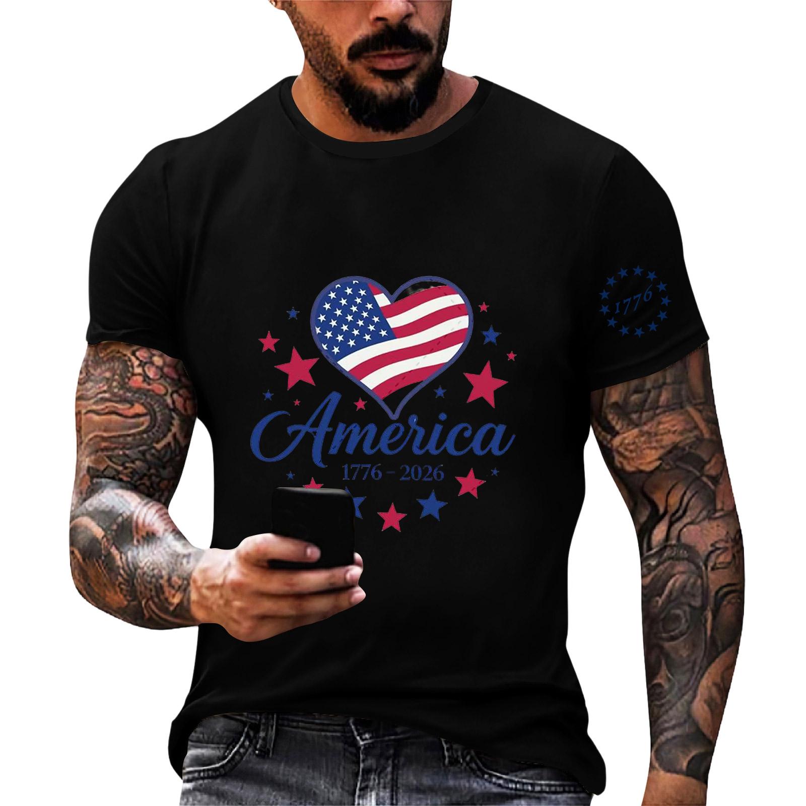 

Men s Loose Fit Casual Short Sleeve Shirt with Independence Day Print Comfortable Lightweight Summer Tee XL чорний
