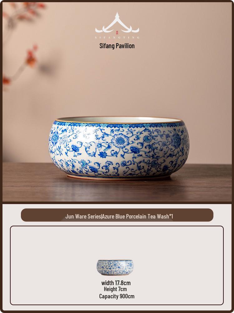 Large Blue and White Porcelain Tea Wash Basin - Ceramic Brush Washer and Water Container for Gongfu Tea Sets. Ru Kiln Blue and White Porcelain Tea Wash