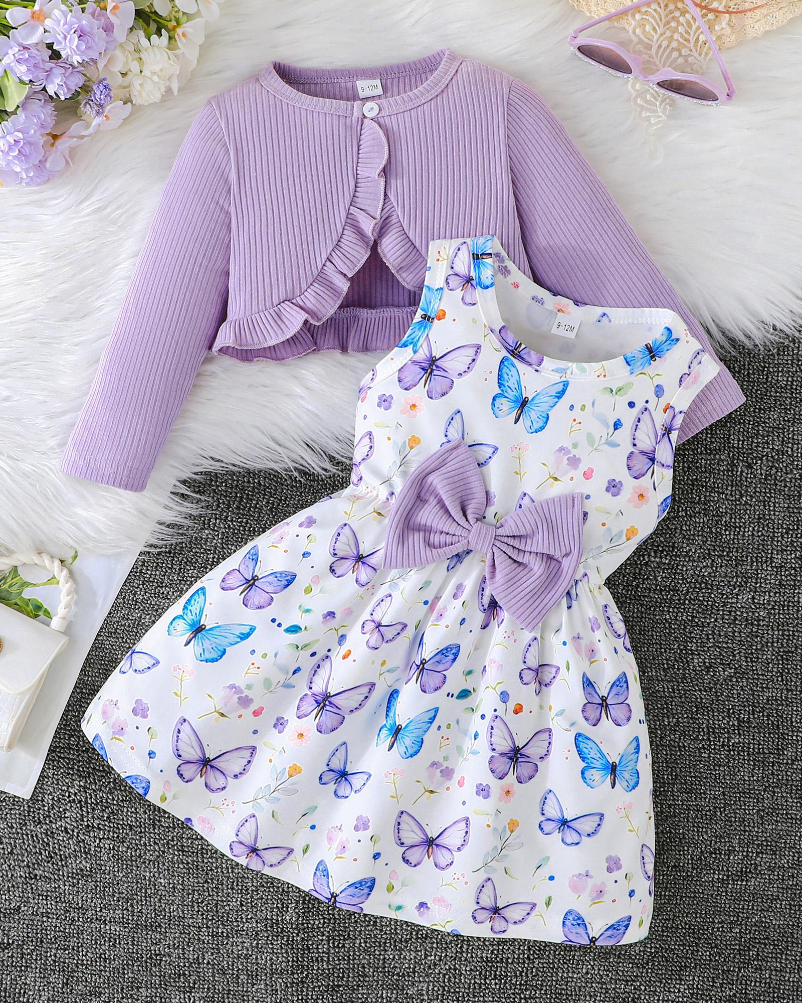 

2PCS Baby Girl Butterfly Print Dress with Ruffle Cardigan, Sleeveless Dress & Knit Jacket Set 6-9M ярко убе