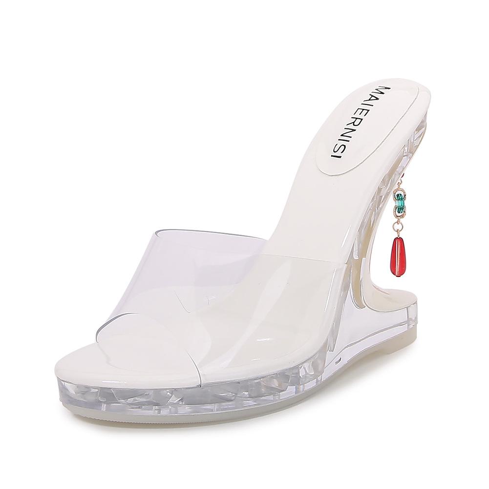 Thick-soled Transparent Waterproof Table High-heeled Cool Slippers Special-shaped Heel Outer Wear Crystal Princess Wedge Heel Women's Shoes College