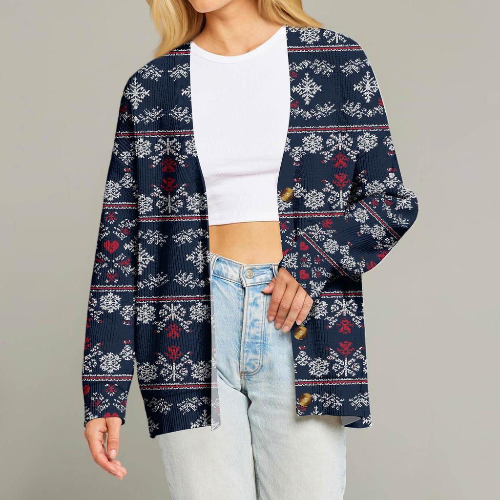 Women's Fashion Long Sleeve Christmas Print V-Neck Button Loose Cardigan Top