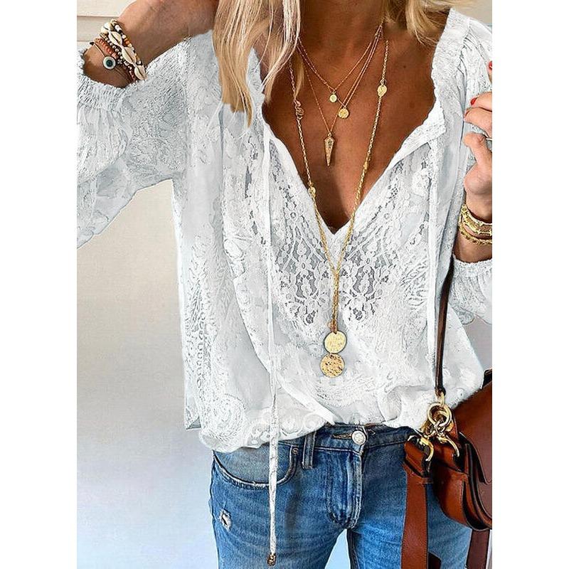 Loose Fit V Neck Long Sleeve Pullover Solid Color Commuter Shirt