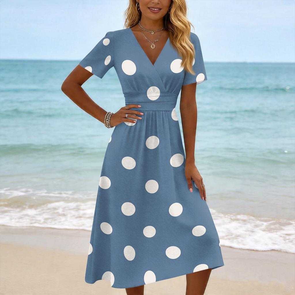 Women's Casual V Neck Short Sleeve Polka Dot Print Dress Midi Length Elastic Waist Summer Dress for Daily Wear