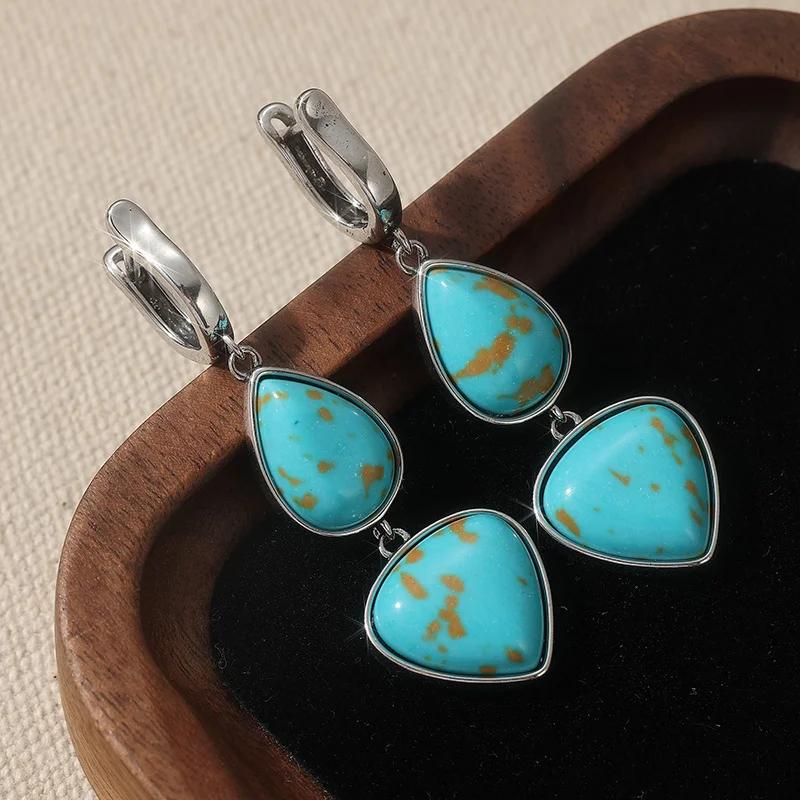 Elegant Teardrop-shaped Synthetic Turquoise Pendant Earrings Women  Exquisite Silvery Plated Dangle Earring Jewelry Gifts