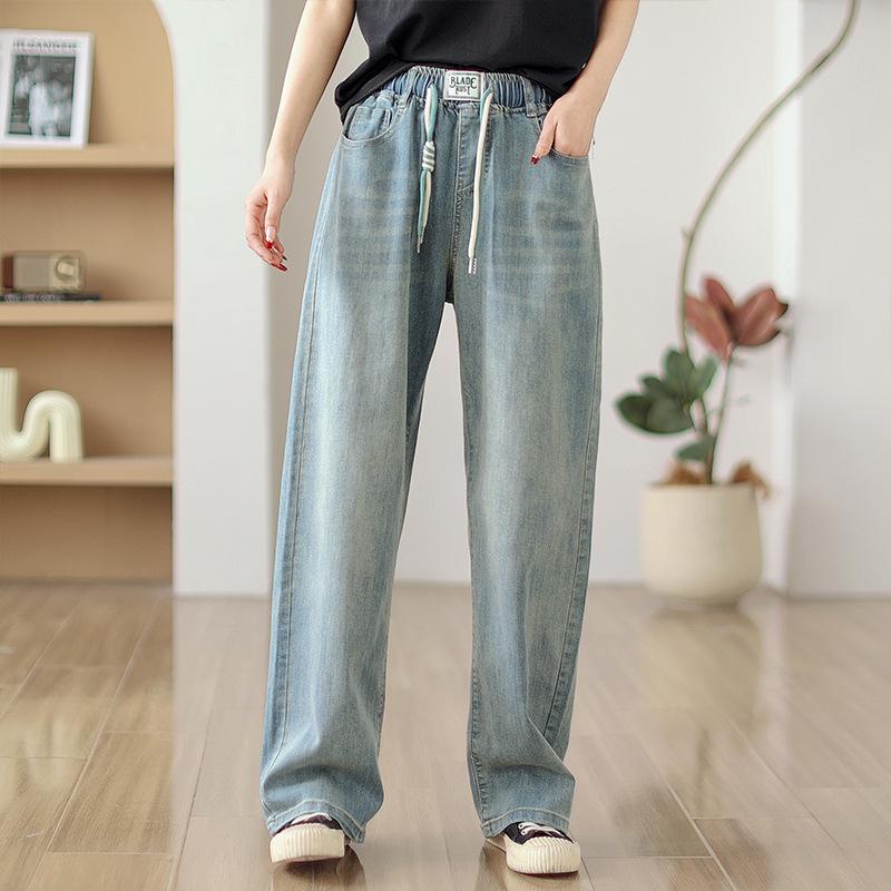 

Women s Retro High Waist Drawstring Straight Leg Jeans 2XL світло-синій колір