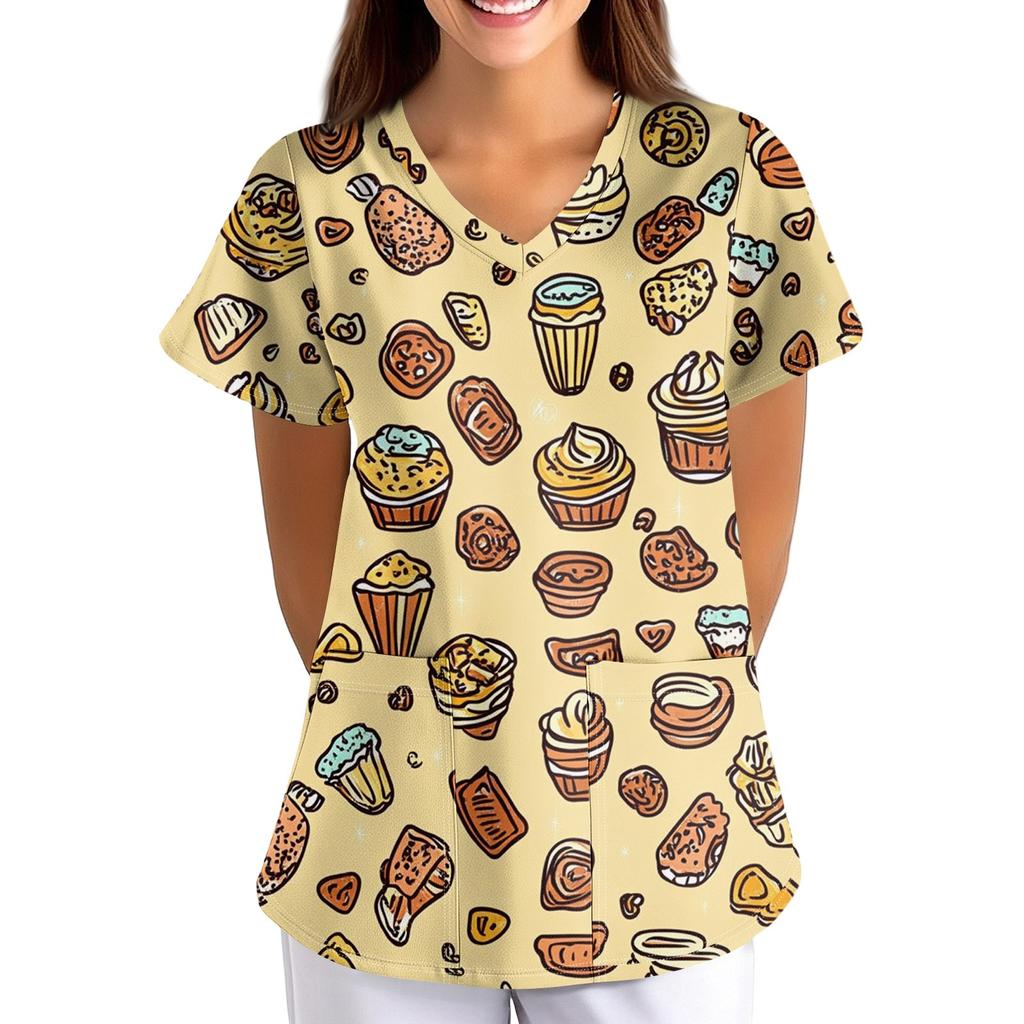 Women's Fruit And Floral Print Loose V-Neck Pocket Short Sleeve Uniform Uniform