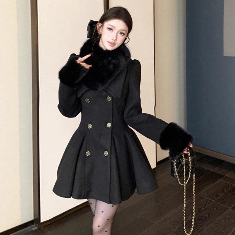 Autumn and winter daughter style celebrity waist long-sleeved woolen coat celebrity temperament wearing cotton-padded woolen coat women