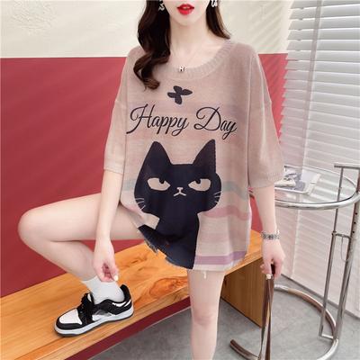 Korean Fashion Women Short Sleeve T Shirt Loose Fit Cartoon Print Hollow Out Lazy Style Seven Sleeves Knit Top