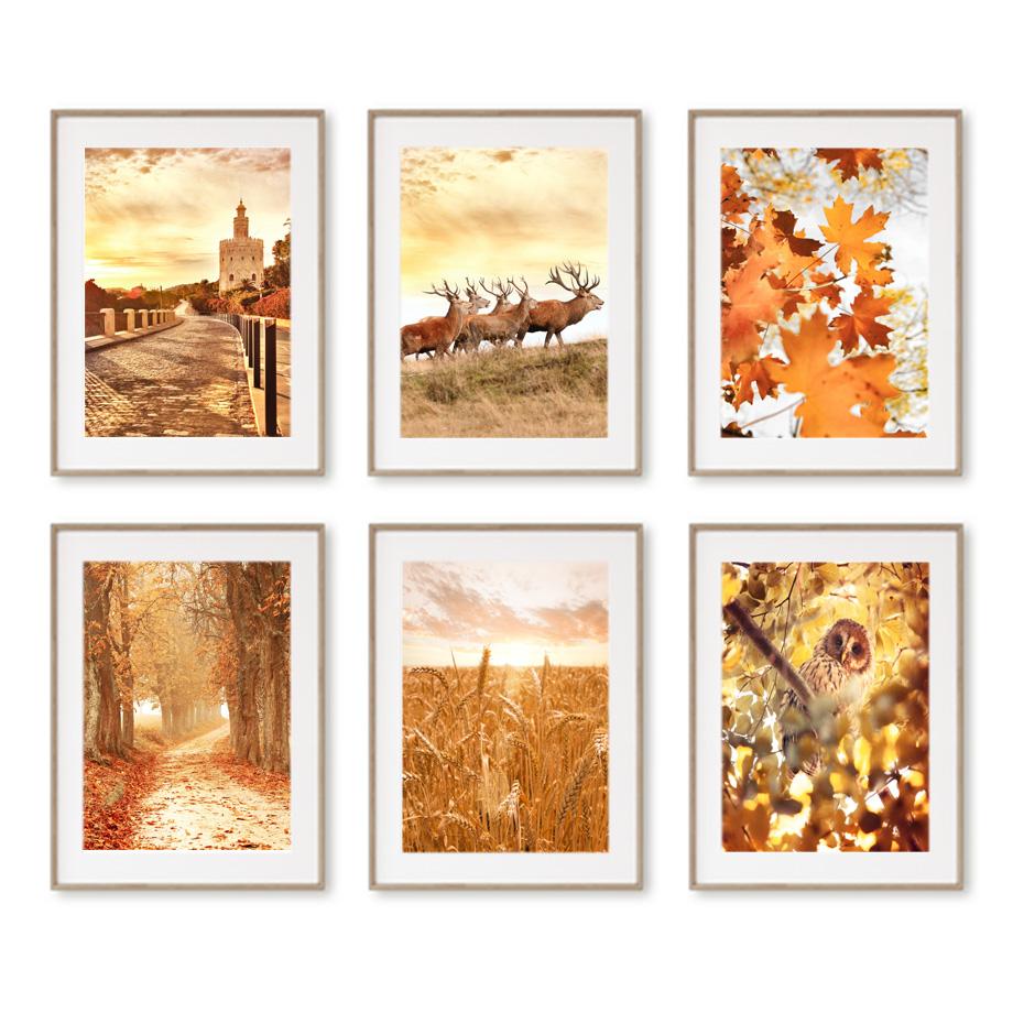 Herbstlandschaft Ahornwald Elch Weizen Schilfblume Eule Poster Drucke Nordische Wandkunst Leinwandmalerei Wohnzimmer Heimdekor