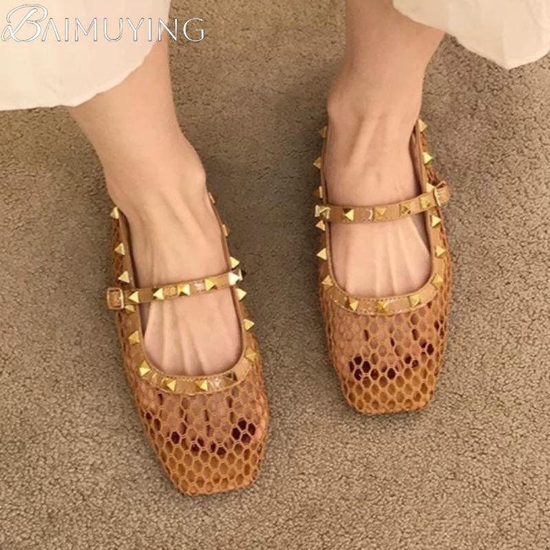 Fashion Women Marie Janes Shoes Woman Square Toe Mesh Flat Sandals Summer 2025 Trend Soft Sole Casual Elegant Dress Comfort Zapatillas