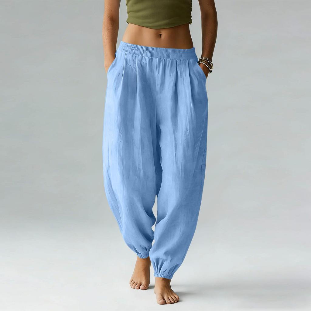 Women's Cotton Linen Pants Casual Elastic Waist Color Jogger Pants Comfy Beach Vacation Trousers With Pockets