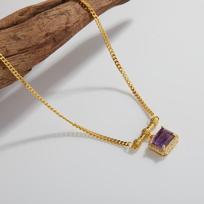 Vintage S925 Sterling Silber Eingelegt Natürlicher Amethyst Halskette Damenmode High-End Bunter Schmuck