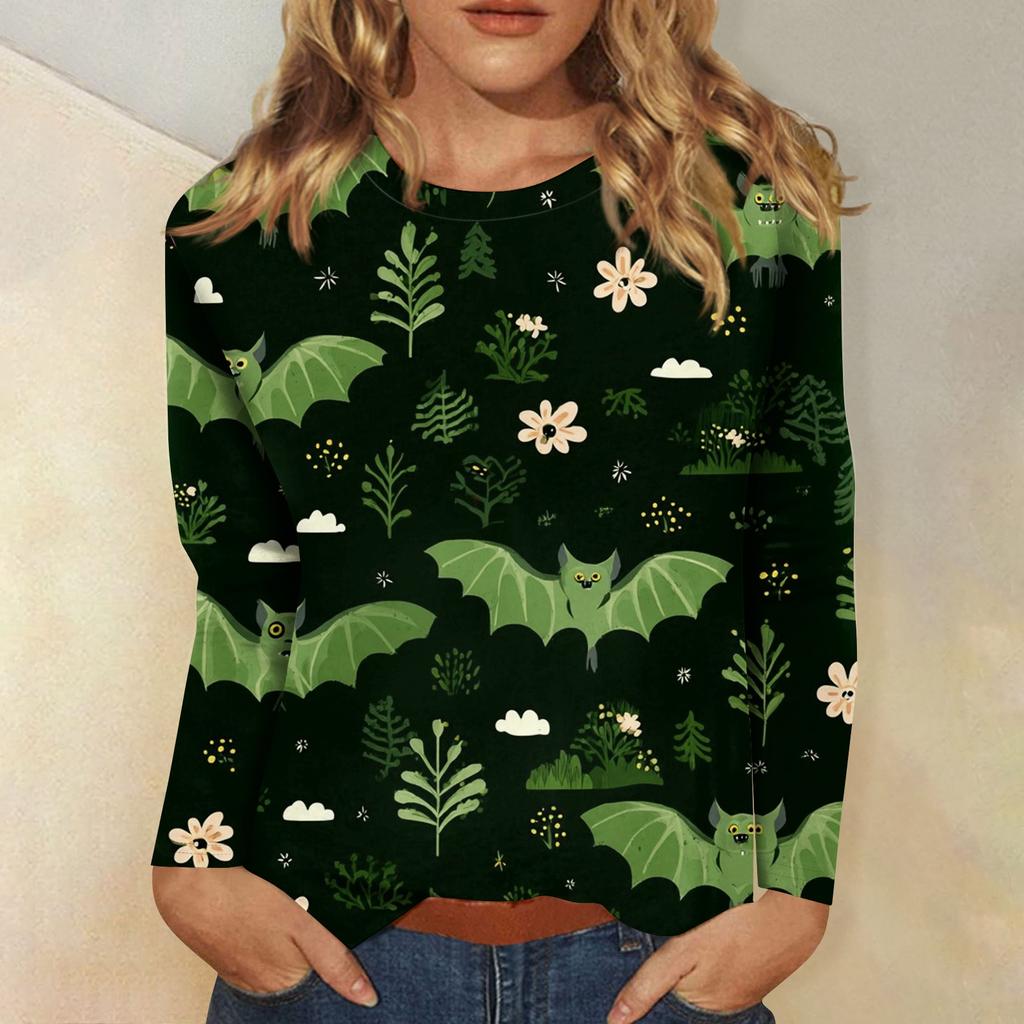 Women's Long-sleeved Loose-necked Halloween Print Casual Top, Suitable for Holiday Parties