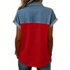 Camicie Patchwork in Denim da Donna Collo Alto Blusa Casual Manica Corta Maglietta Comoda Moda Primavera Estate