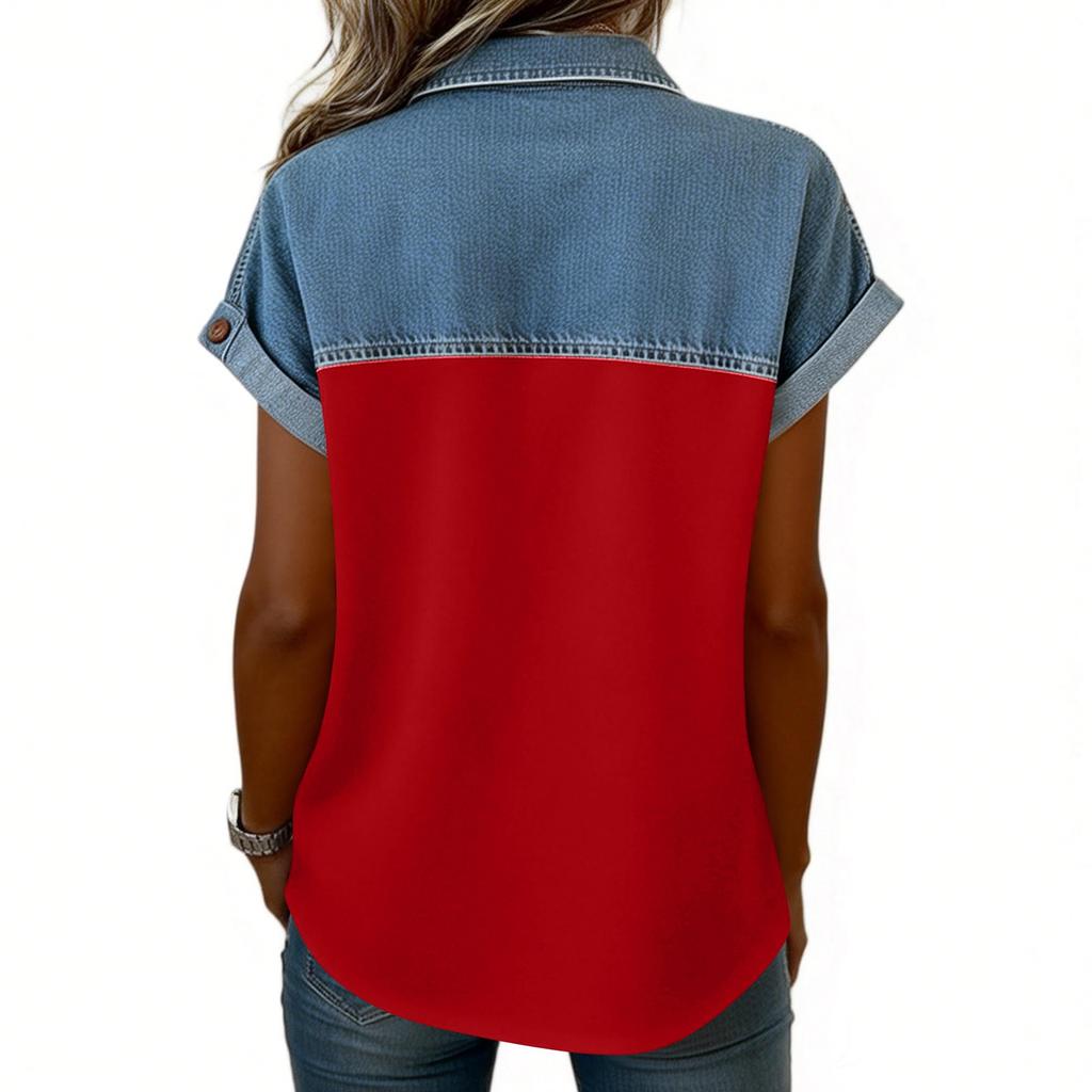 Camicie Patchwork in Denim da Donna Collo Alto Blusa Casual Manica Corta Maglietta Comoda Moda Primavera Estate