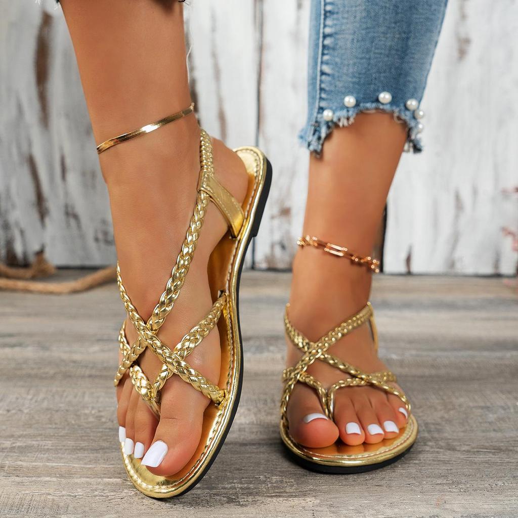 2024 Women's Large Size Toe Post Flat Sandals - Summer Woven Hollow Slip-On Design