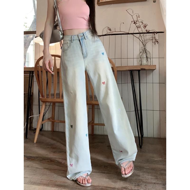 2024 New High Waist Denim Trousers Women Summer Design Sense Bow Embroidery All-Match Wide Leg Mop Pants Fashion