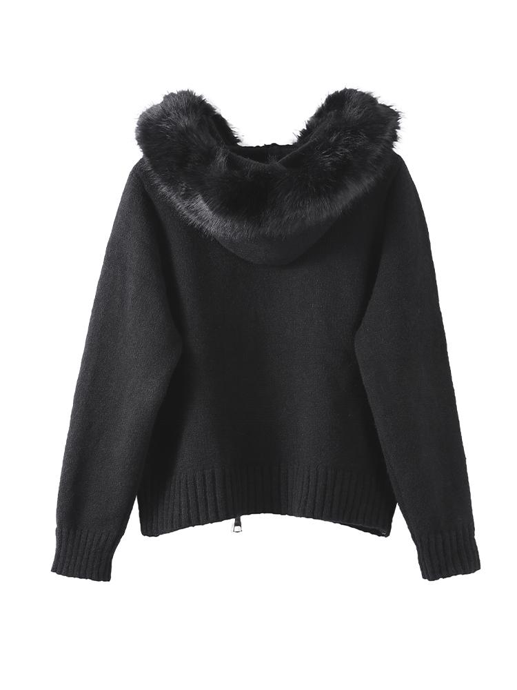 Women's Hooded Zipper Khaki Sweater Cardigan Fur Hat White Knitted Cardigan Furry Hat Knitted Jacket Women's Warm Black Sweater Lining Autumn Winter