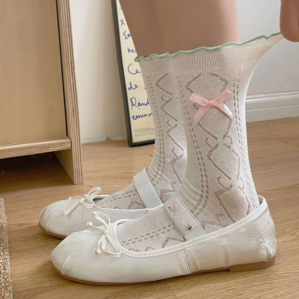

Stripe Mesh Tube Socks Thin Women Bow Socks Fashion Ruffle Short Socks Girl зелёный