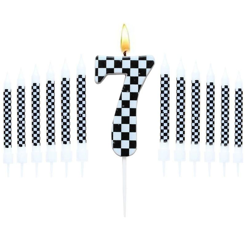 1/6/12/13 Pcs Racing Cars Themed Birthday Candles Black and White Race Number Checkered Candle Cake Topper for Racing Car Party