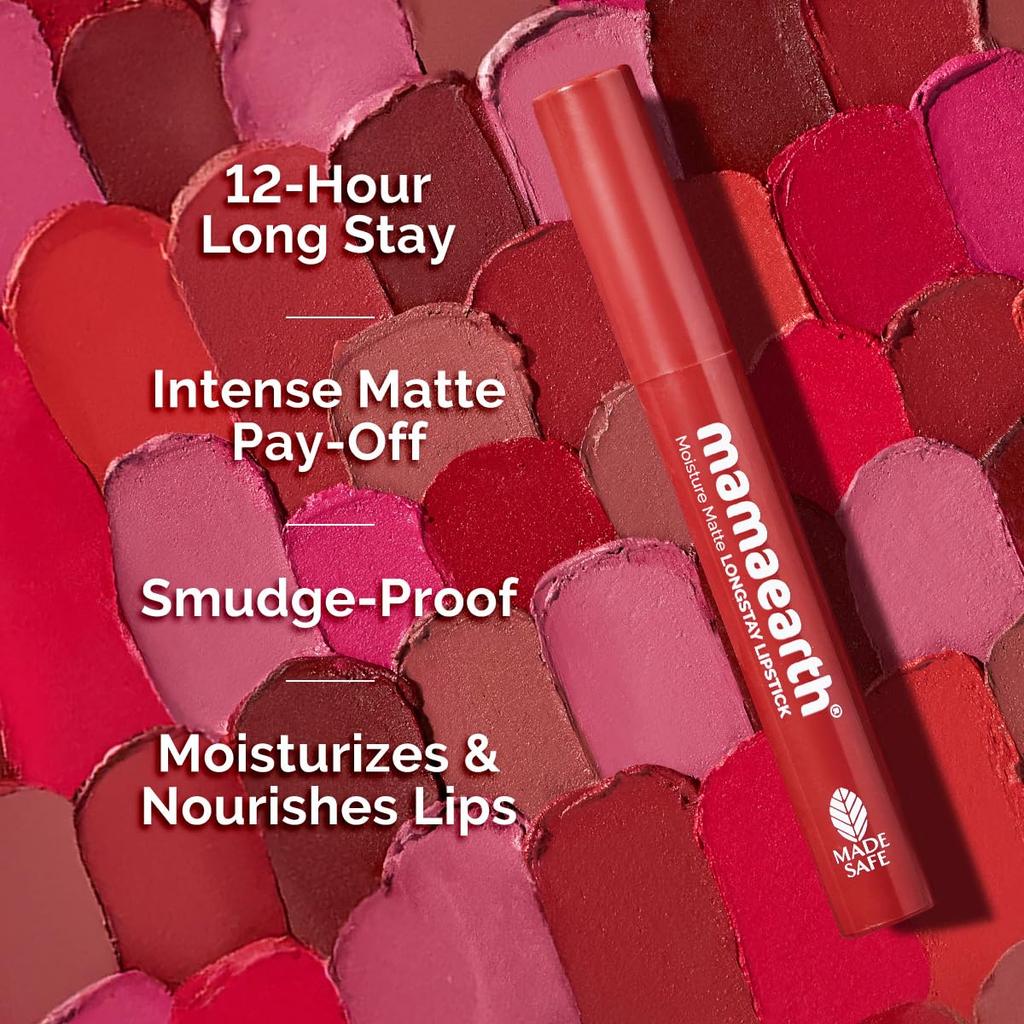 Mamaearth Moisture Matte Longstay Lipstick Raspberry Scarlet 2 Gm Pack of 1 Full Coverage Smudge Proof