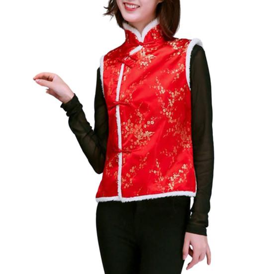 Chaleco de Mujer Estilo Año Nuevo Chino Protección Sin Mangas Cuello Mao Abotonadura Sencilla Estampado Grueso Festivo Cálido Festival