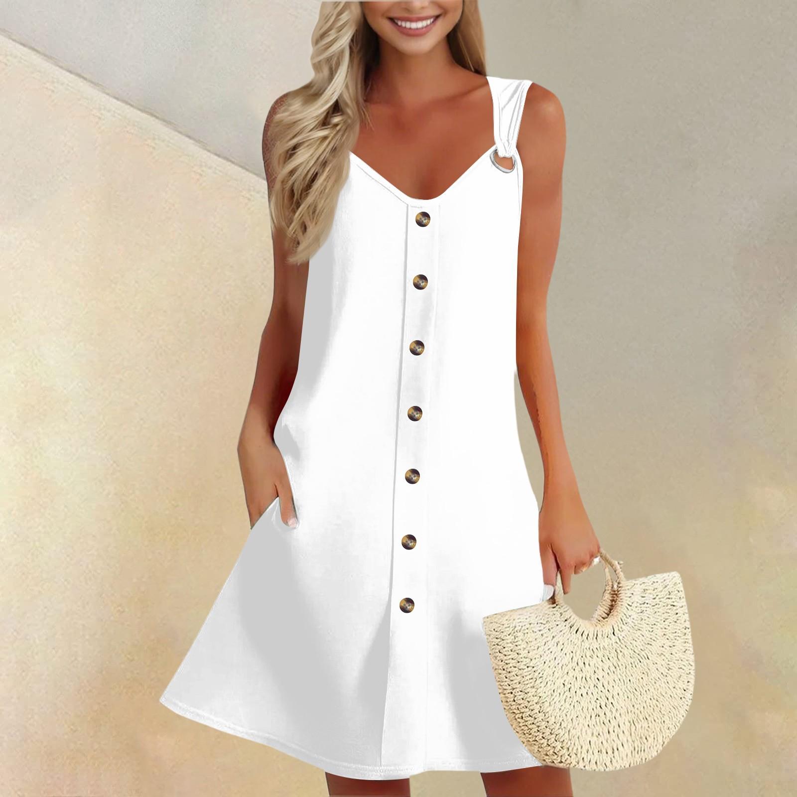 

Женское летнее платье без рукавов, весенний однотонный сарафан с карманами XL белый