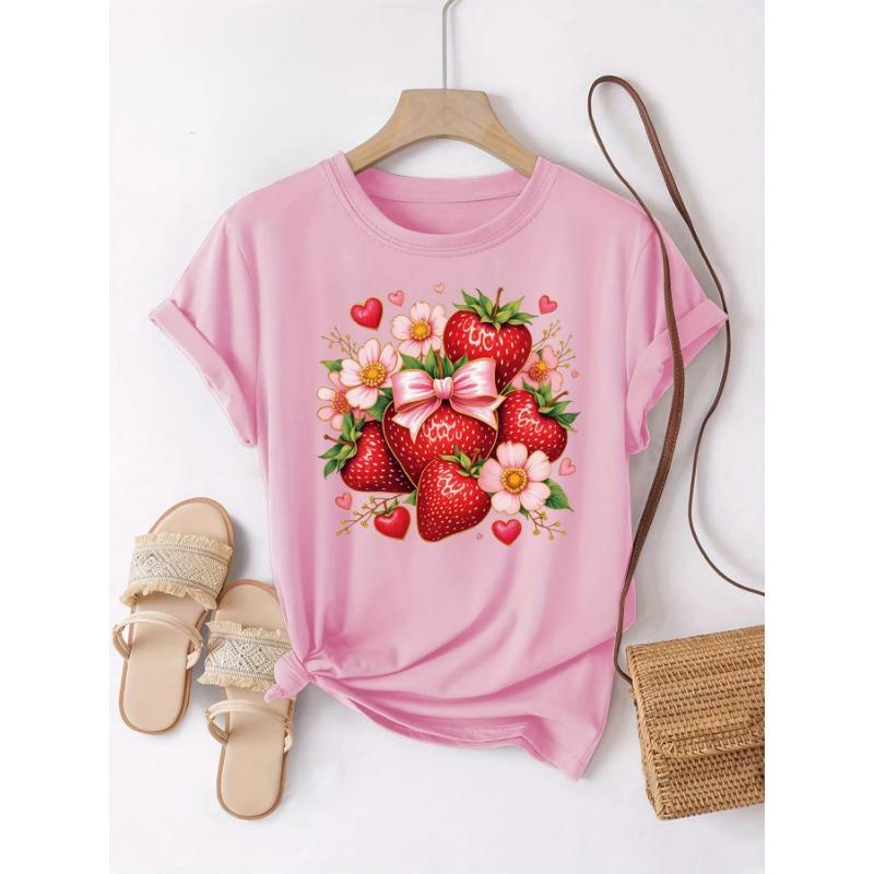 

Plus Size Fashion Women s T-Shirt Strawberry Flower Pattern Print Women s Casual Soft Crew Neck Short Sleeved Tops Clothing 5XL