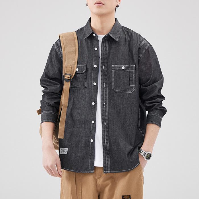 

Чоловіча ретро джинсова сорочка вільного крою з довгим рукавом - Повсякденна та універсальна L чорний
