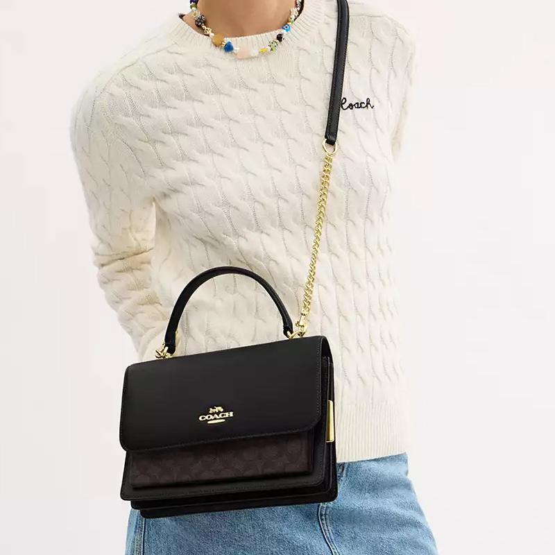 COACH Klare 25 gold-tone logo snap closure coated canvas shoulder tote medium women's walnut and black
