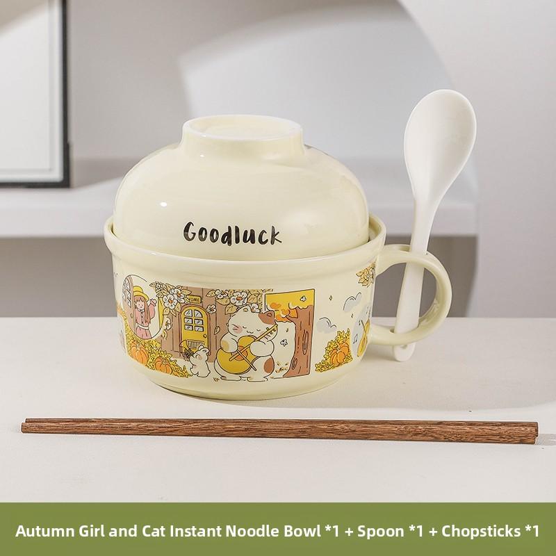 Ceramic Instant Noodles Bowl with Lid And Handle Dormitory Student Microwave Safe Soup Bowl Personal Special Bowl Cartoon Design
