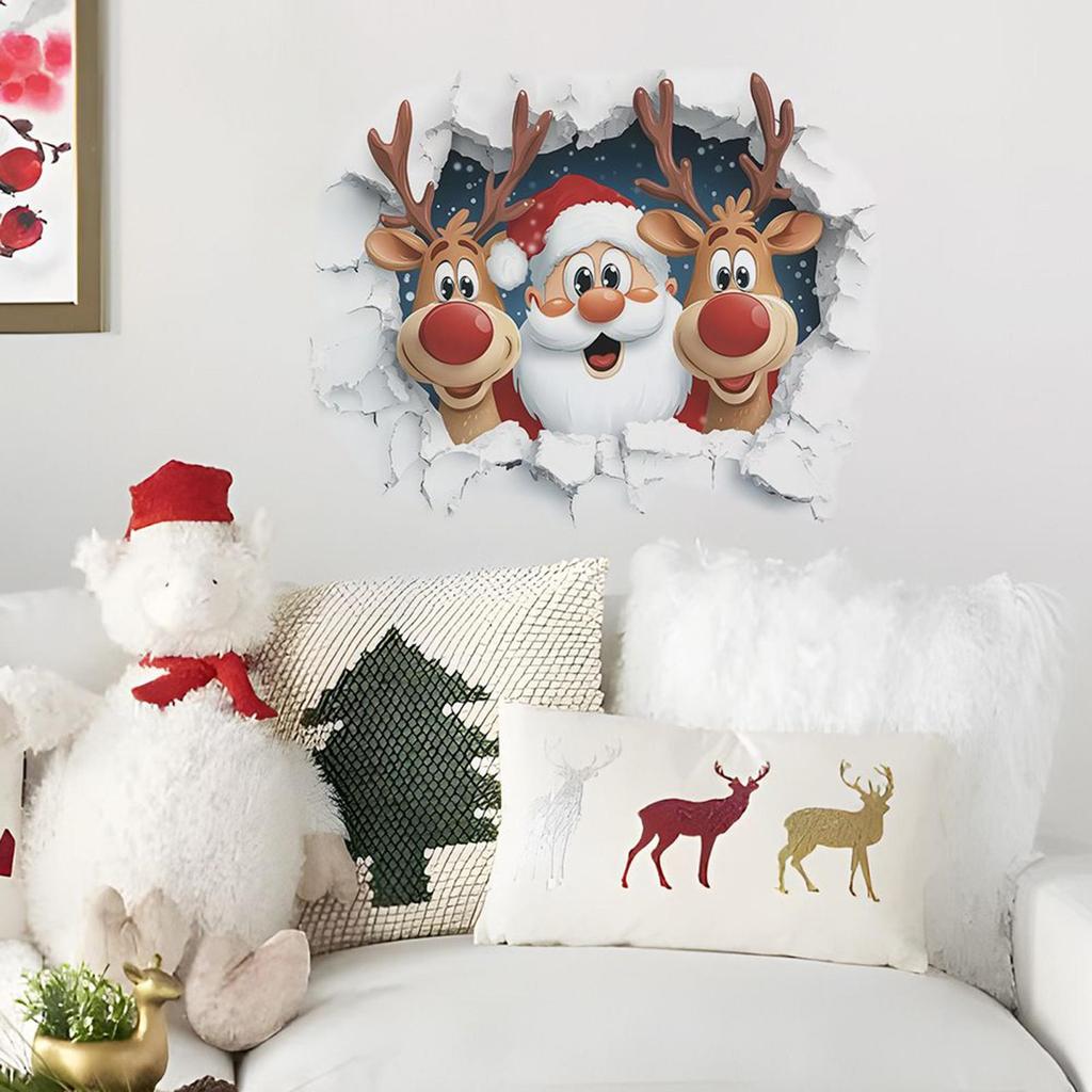 Santa & Reindeer Christmas Wall Stickers Removable Self-Adhesive Festive Decor For Bedroom Living Room Decoration Wall Decal