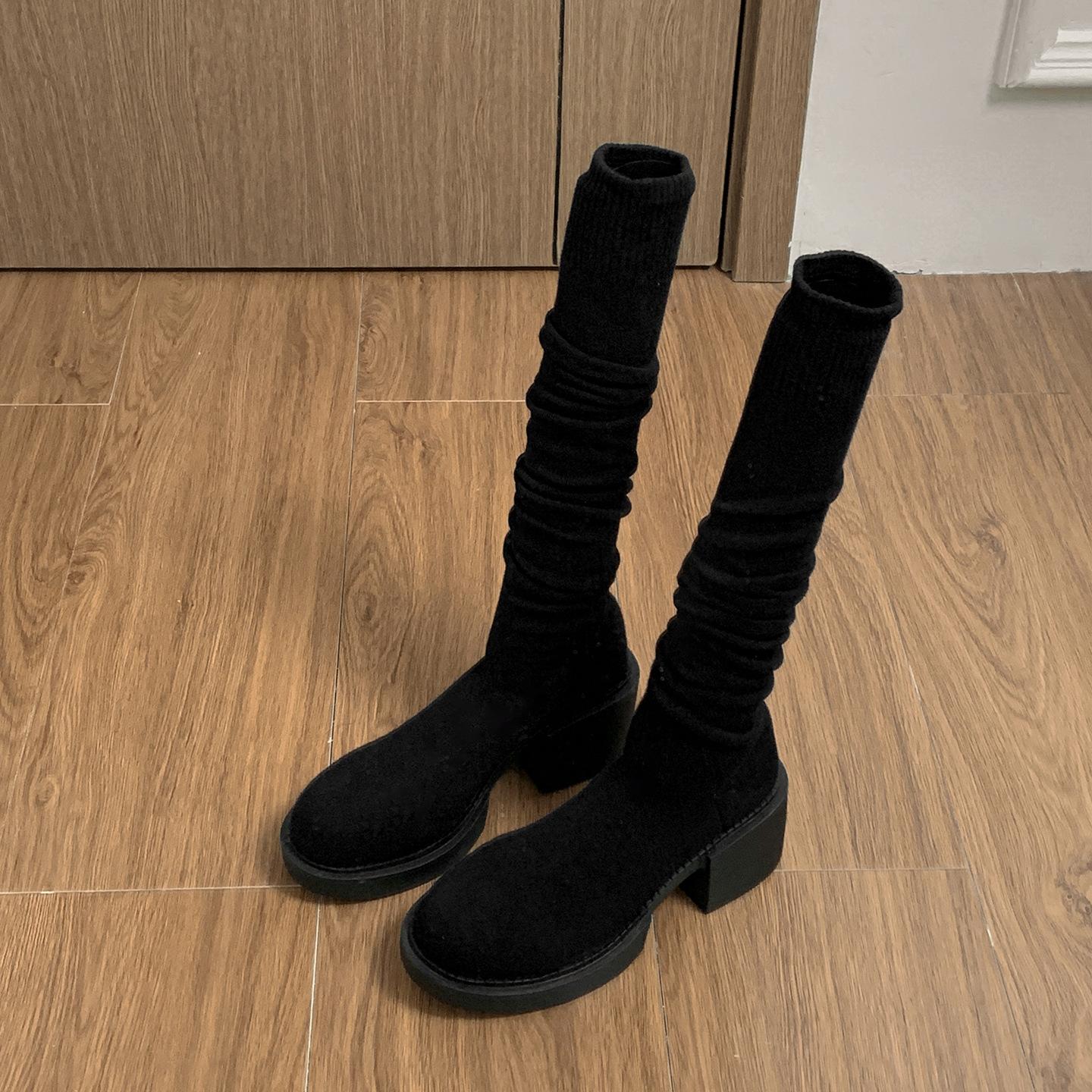 

Ботинки на платформе с толстым каблуком в винтажном стиле Queen Fan, женские ботинки 2025 новая осень, ботинки-носки скинни с юбкой 35 чёрный