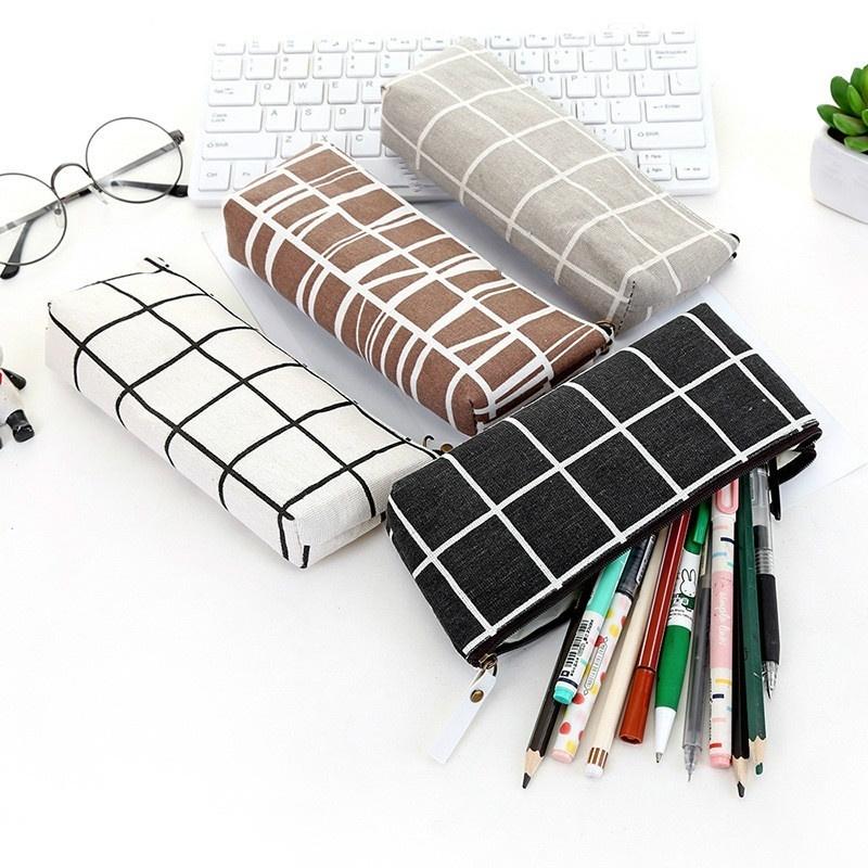 Stationery Canvas Pencil Case School Pencils Bag Simple Striped Grid Office Supplies Students Writing Stationery for Girls Gift