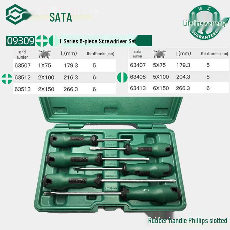 SATA T Series Screwdriver Set: Flat, Phillips, Flower Head - Models 09305, 09306, 09309