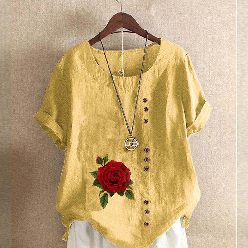 Damenmode Rose Print Rundhals Kurzarm T-Shirt Lässiges Baumwoll-Leinen Grafikhemd Freizeit Lose Sommer Bluse Tops