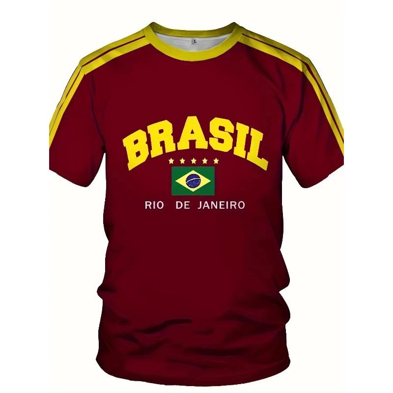 Summer New Five-star Brasil Print T-shirt for Men Short Sleeve O-neck Tees Vintage Casual Sports Mesh Jersey Oversized Tops