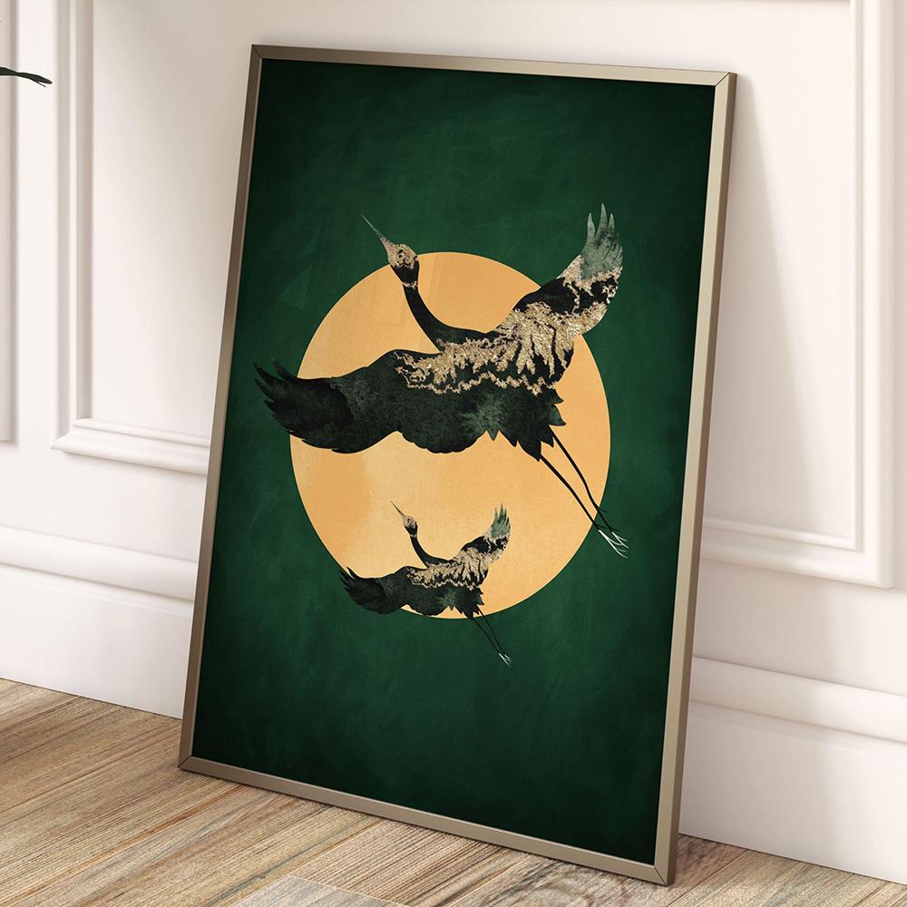 Salbeigrün Gold Japandi Kunstdruck Fliegende Vögel Wandkunst Abstrakte Sonnenkunst Wohnzimmerdeko Japanische Wandkunst Schlafzimmerdeko Geschenk