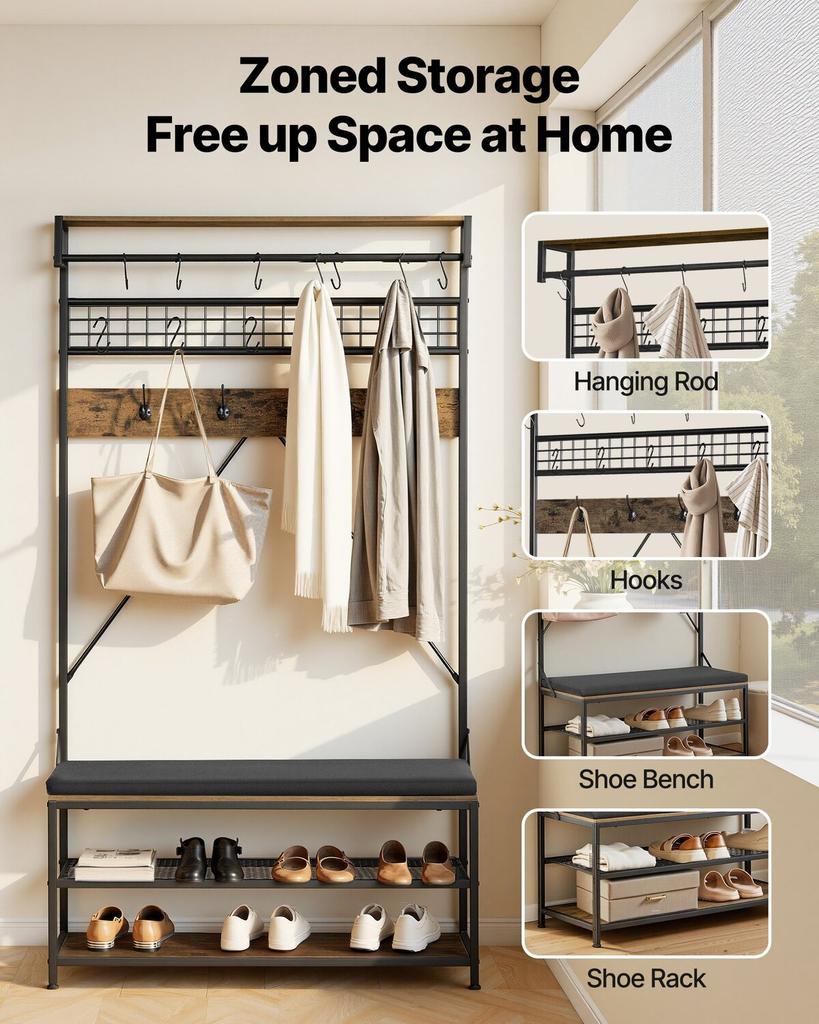 Hall Tree, 1830 mm Coat Rack with Shoe Bench, 2-Tier Freestanding Shoe Rack Storage Organizer with Hooks, Hanging Rod and Wire Shelf, Steel Frame