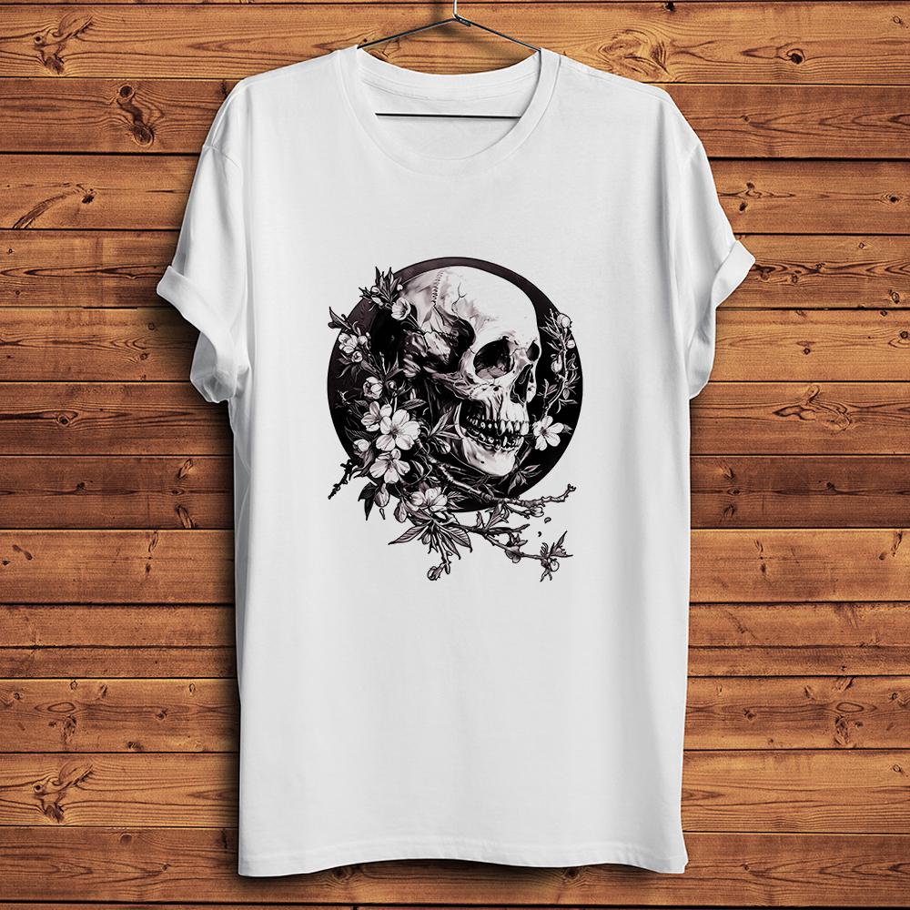 Gothic Skeleton Blooming Floral Death Skull Funny TshirtWhite Casual Short Sleeve TShirts Unisex TeeNocrack Breathable Print