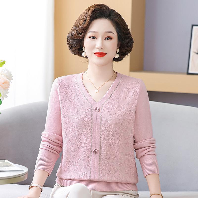 Spring/Fall Thin Knitwear for Middle-Aged & Elderly Women: Stylish Stretch Pullover